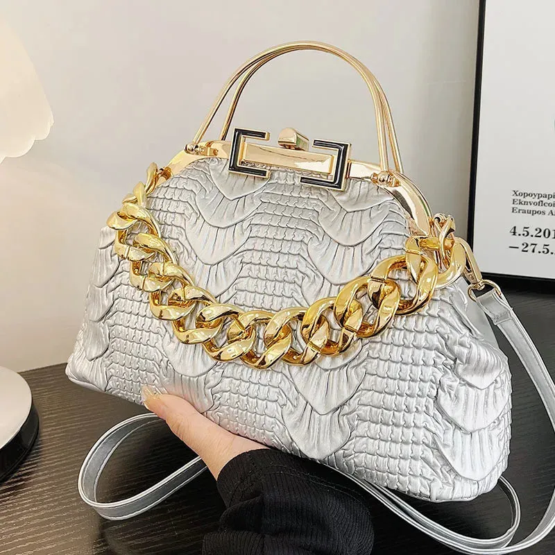 2023 Luxury Women Pink Green Pleat Shoulder Bags Gold Thick Chain Messenger Bags Totes PU Leather Handbags Lady Evening Clutch