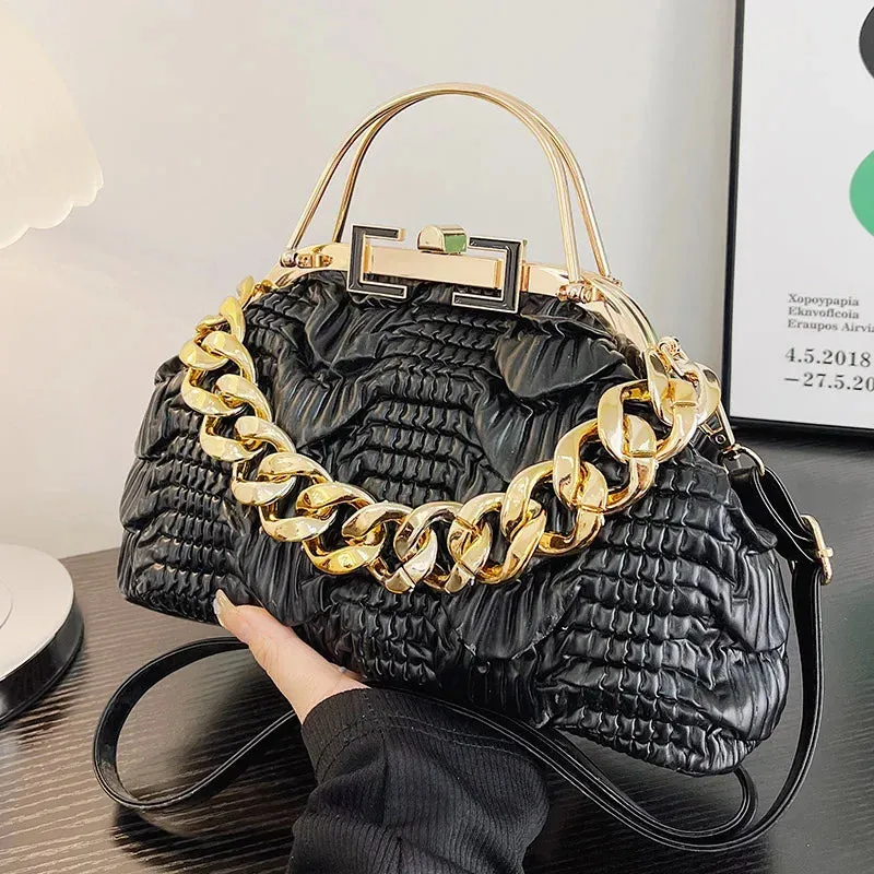 2023 Luxury Women Pink Green Pleat Shoulder Bags Gold Thick Chain Messenger Bags Totes PU Leather Handbags Lady Evening Clutch