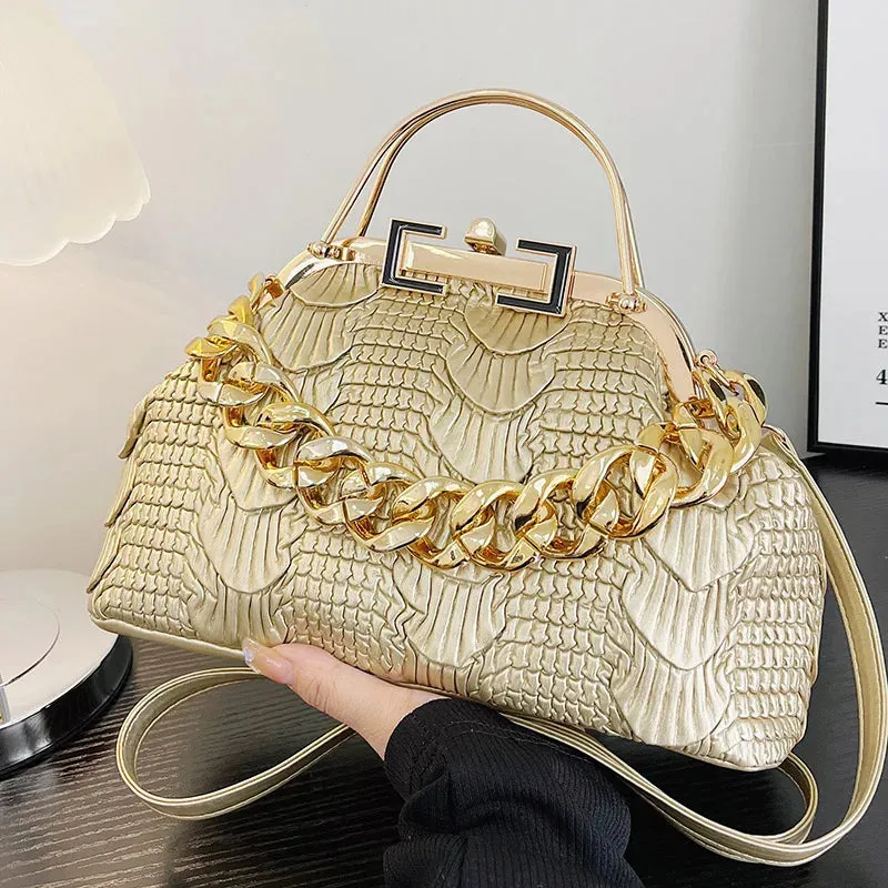 2023 Luxury Women Pink Green Pleat Shoulder Bags Gold Thick Chain Messenger Bags Totes PU Leather Handbags Lady Evening Clutch