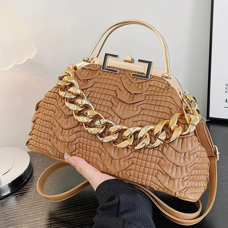 2023 Luxury Women Pink Green Pleat Shoulder Bags Gold Thick Chain Messenger Bags Totes PU Leather Handbags Lady Evening Clutch