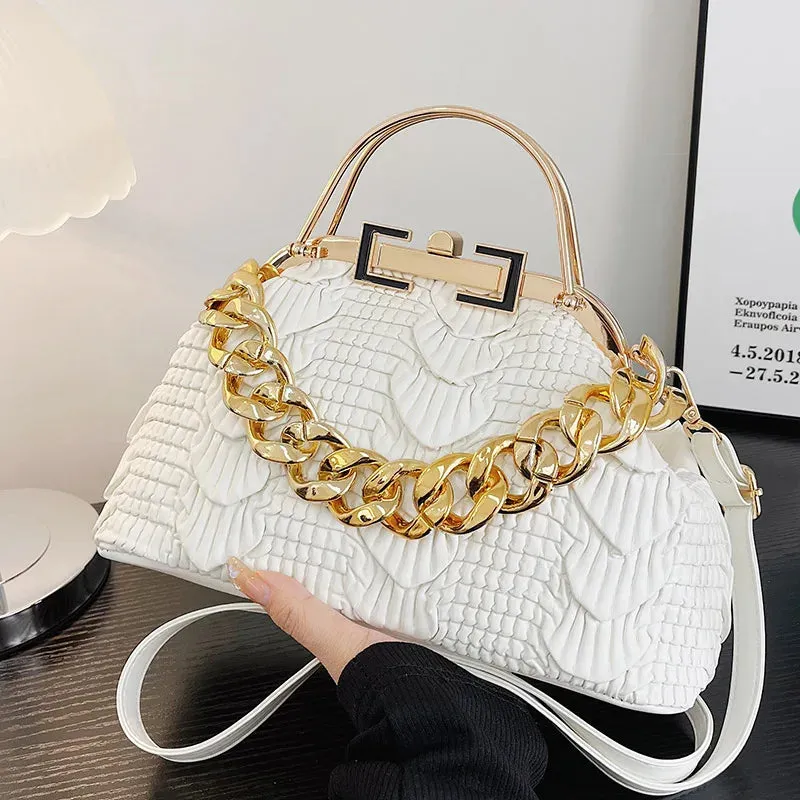 2023 Luxury Women Pink Green Pleat Shoulder Bags Gold Thick Chain Messenger Bags Totes PU Leather Handbags Lady Evening Clutch