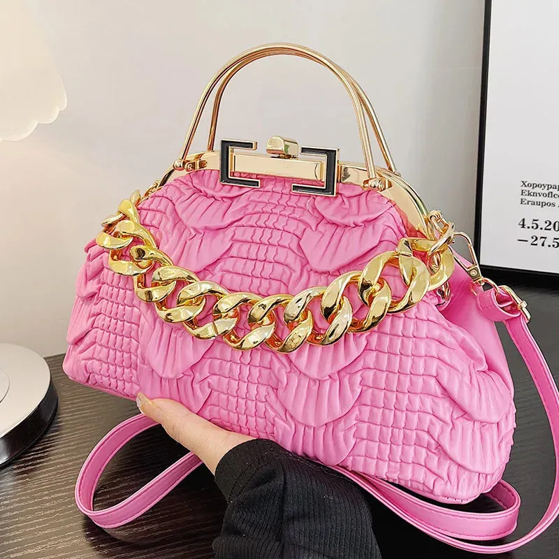 2023 Luxury Women Pink Green Pleat Shoulder Bags Gold Thick Chain Messenger Bags Totes PU Leather Handbags Lady Evening Clutch