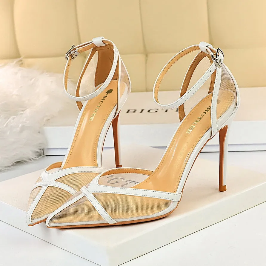 Amozae-2024 Women 10cm High Heels Yellow Sandals Lady Stripper Mesh Nude Strap Sandles Wedding Bridal Luxury Prom   Pleaser Shoes