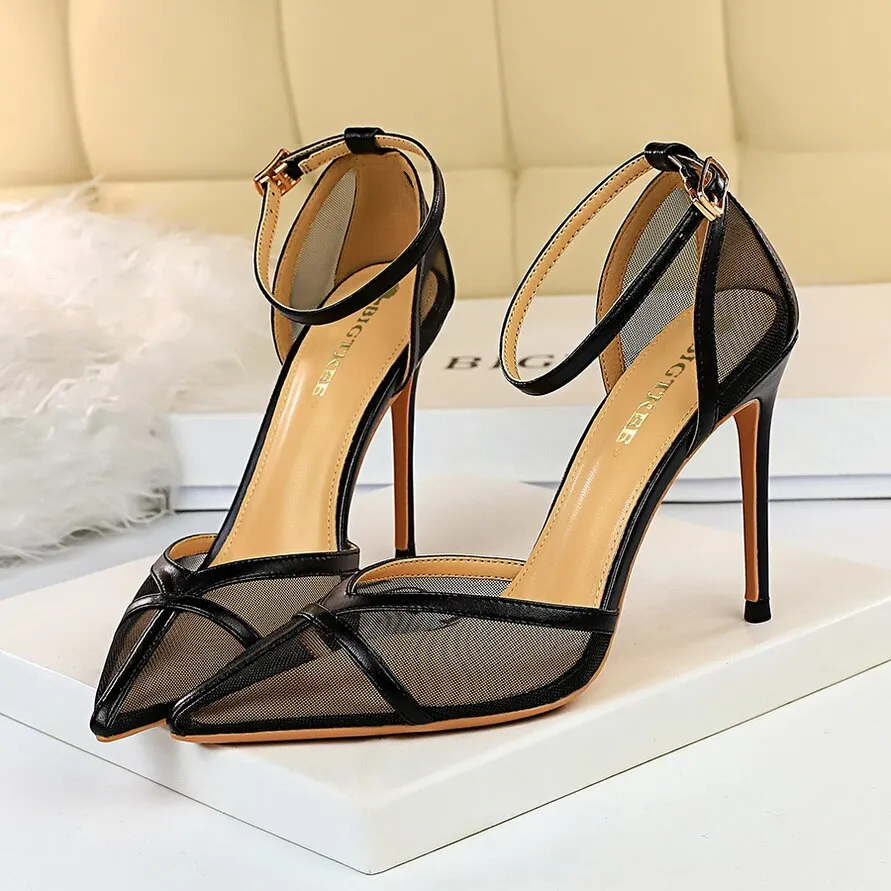 Amozae-2024 Women 10cm High Heels Yellow Sandals Lady Stripper Mesh Nude Strap Sandles Wedding Bridal Luxury Prom   Pleaser Shoes