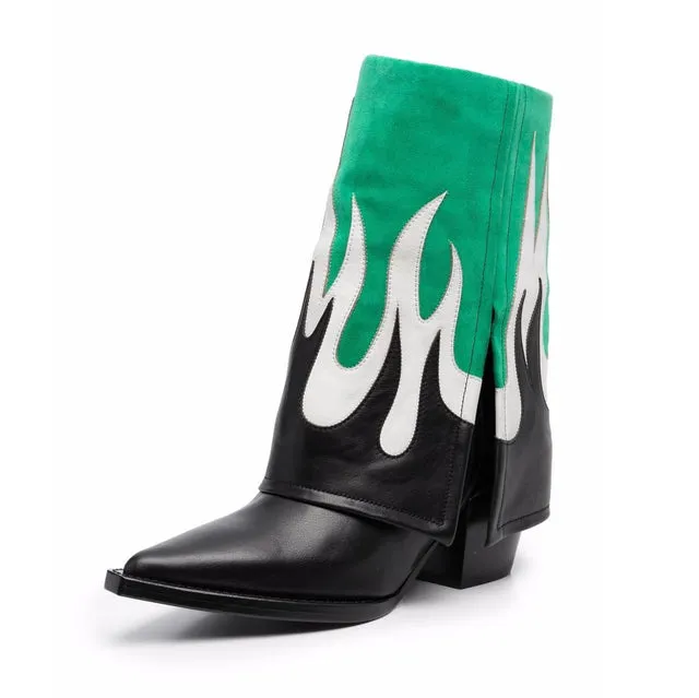 Ashoreshop Fire Pattern PU Leather Cowboy Ankle Boots