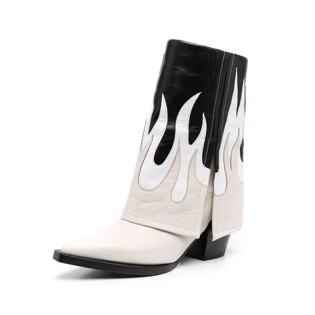 Ashoreshop Fire Pattern PU Leather Cowboy Ankle Boots