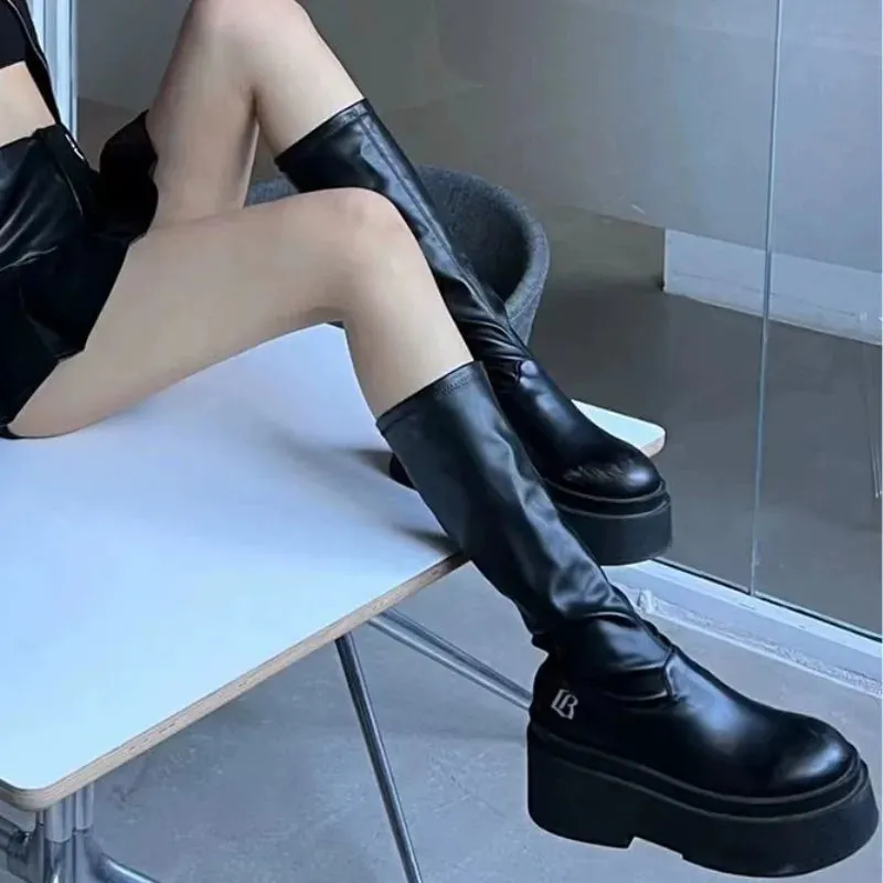 binfenxie Autumn and Winter Fashion New Casual Popular Round Toe Leather Solid Color Thick Bottom Women's Boots Comfortable