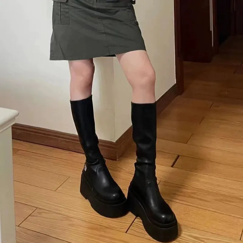 binfenxie Autumn and Winter Fashion New Casual Popular Round Toe Leather Solid Color Thick Bottom Women's Boots Comfortable