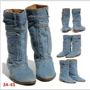 Blue Low Heel Denim Mid Calf Boots