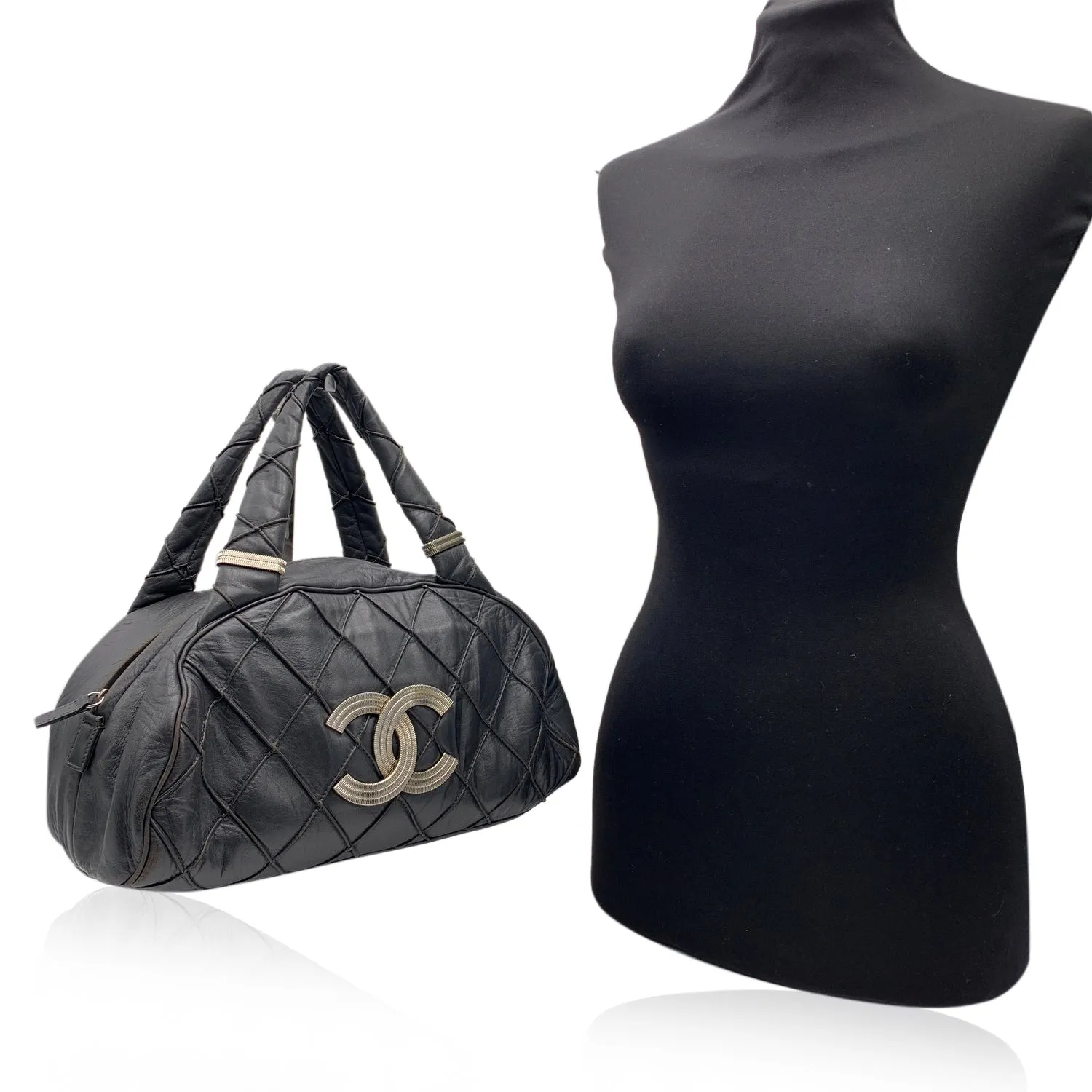 Chanel Dark Grey Quilted Leather CC Logo Bowling Bowler Bag