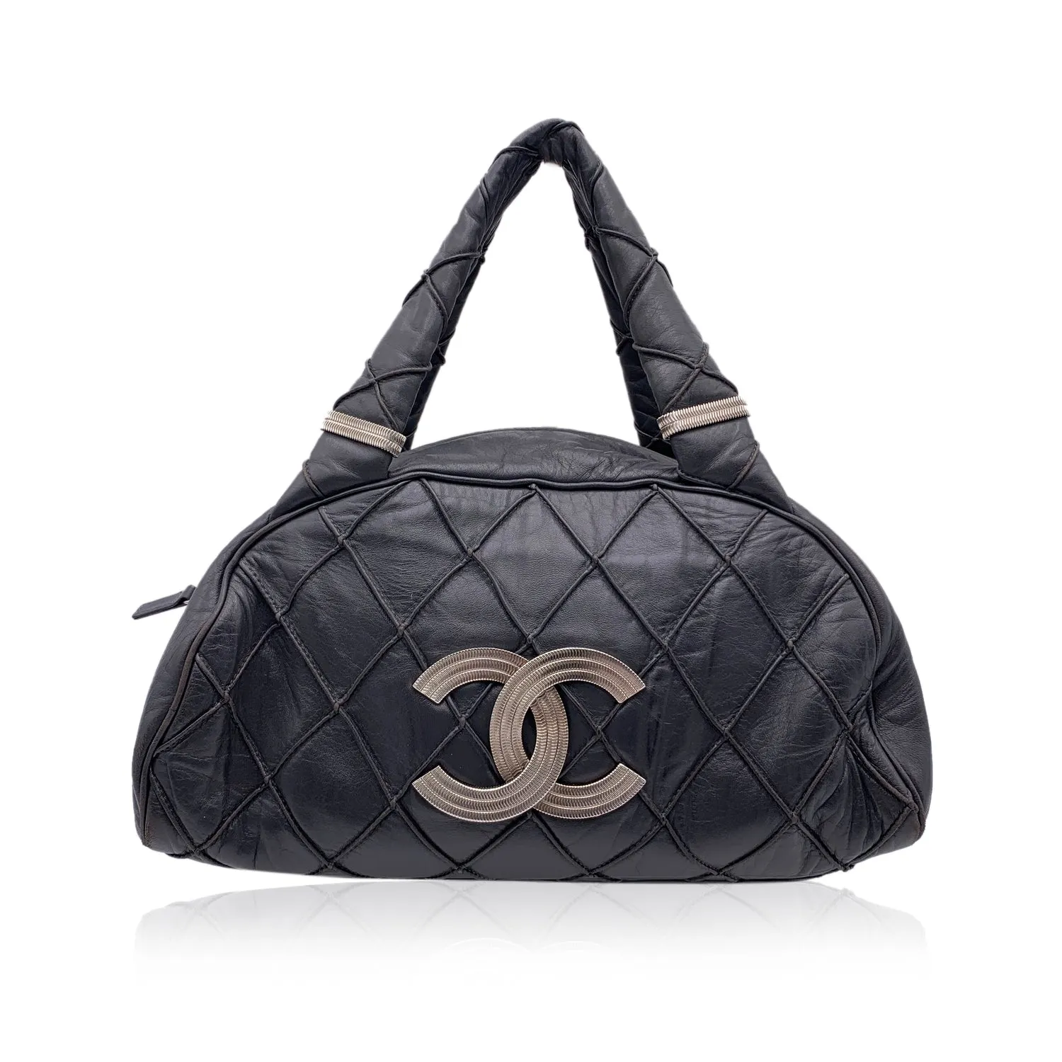 Chanel Dark Grey Quilted Leather CC Logo Bowling Bowler Bag