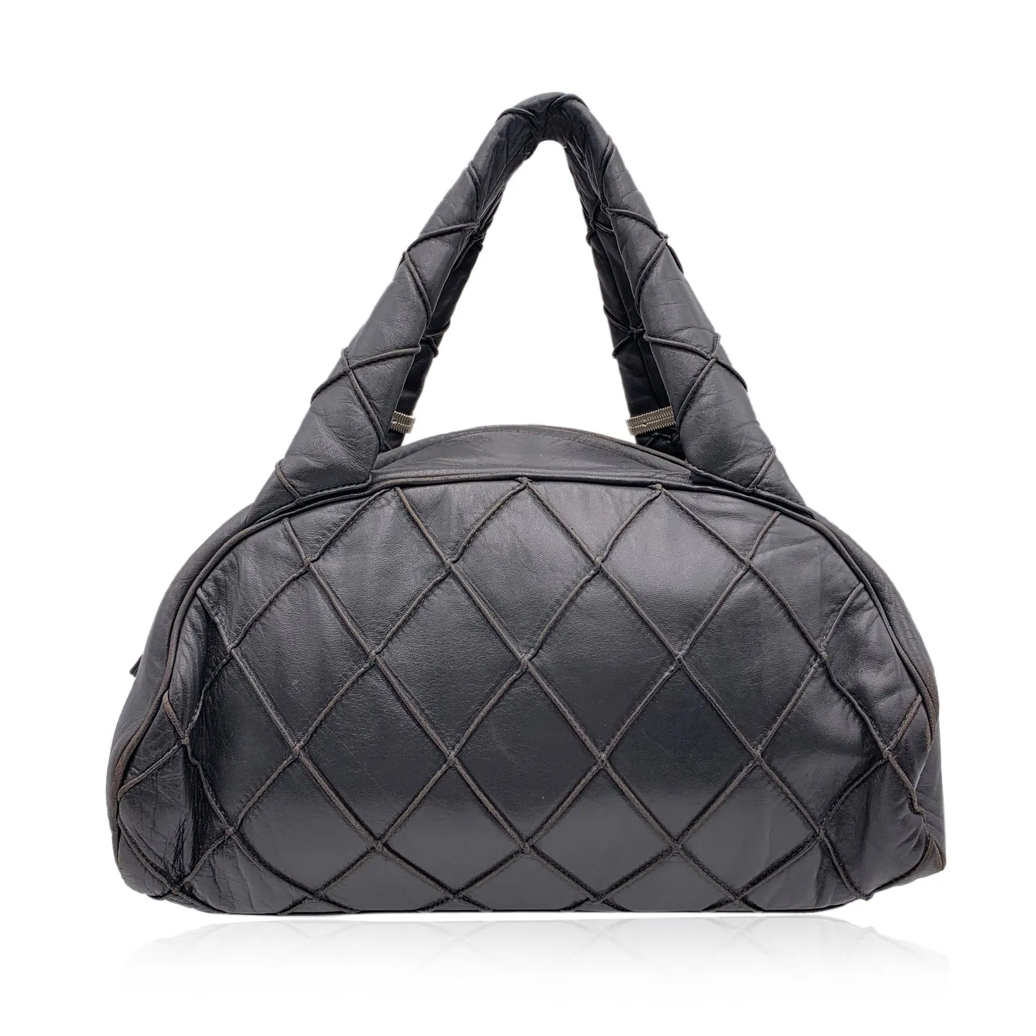 Chanel Dark Grey Quilted Leather CC Logo Bowling Bowler Bag