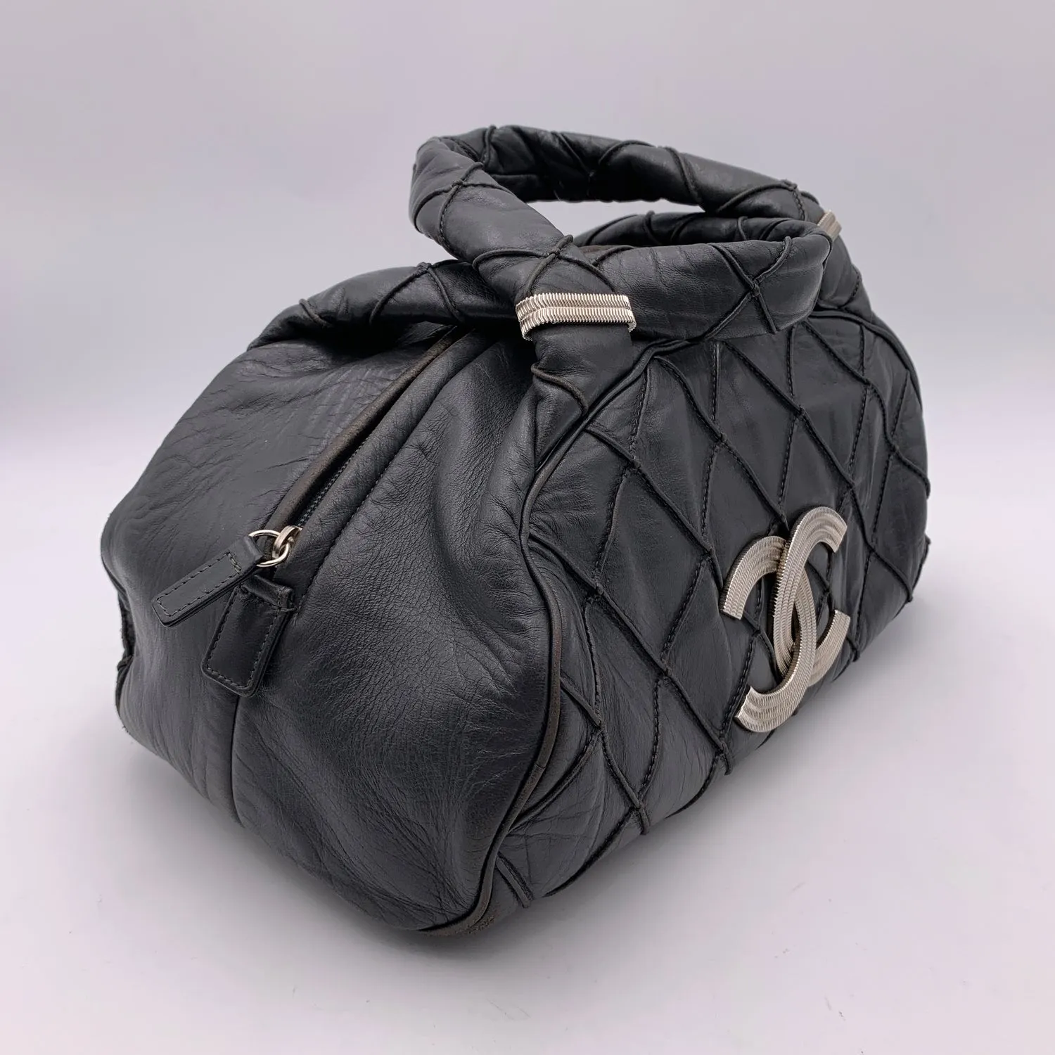 Chanel Dark Grey Quilted Leather CC Logo Bowling Bowler Bag