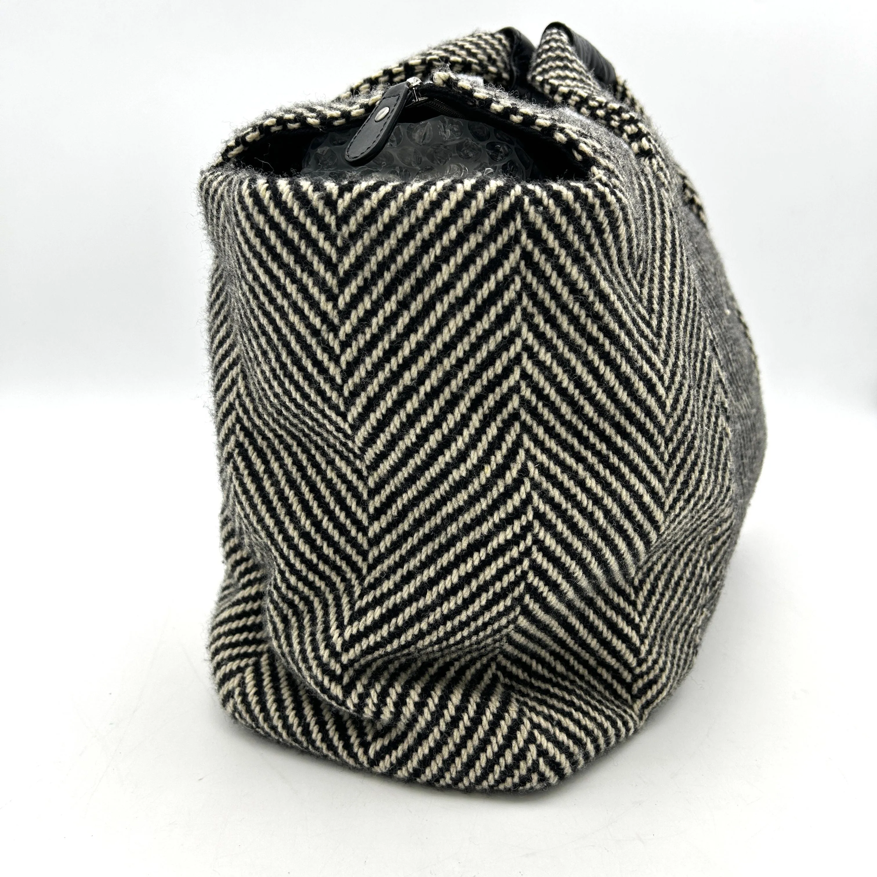 CHANEL Wool Calfskin CC Chevron All Day Long Boston Black White ITAVO2T77FXD