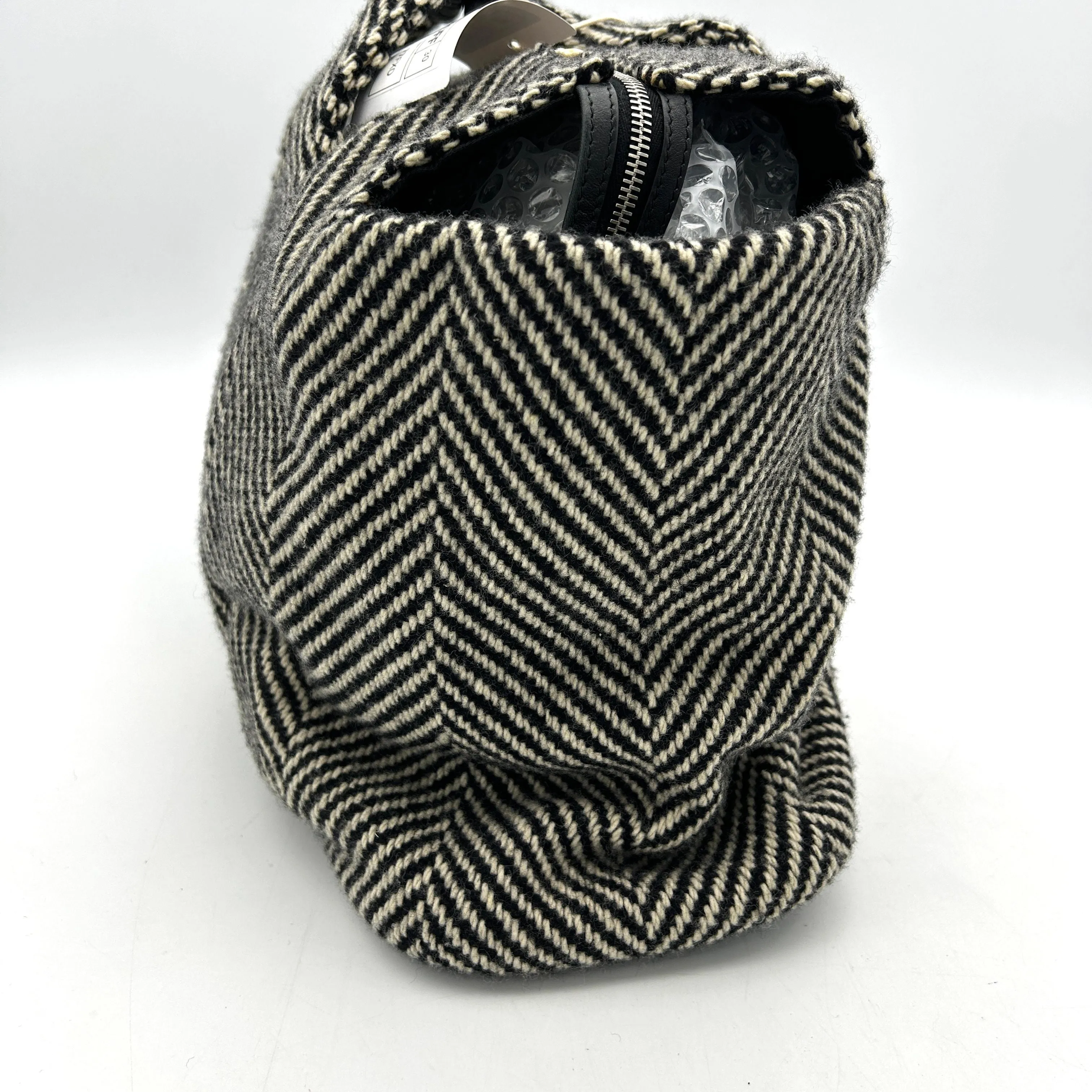 CHANEL Wool Calfskin CC Chevron All Day Long Boston Black White ITAVO2T77FXD