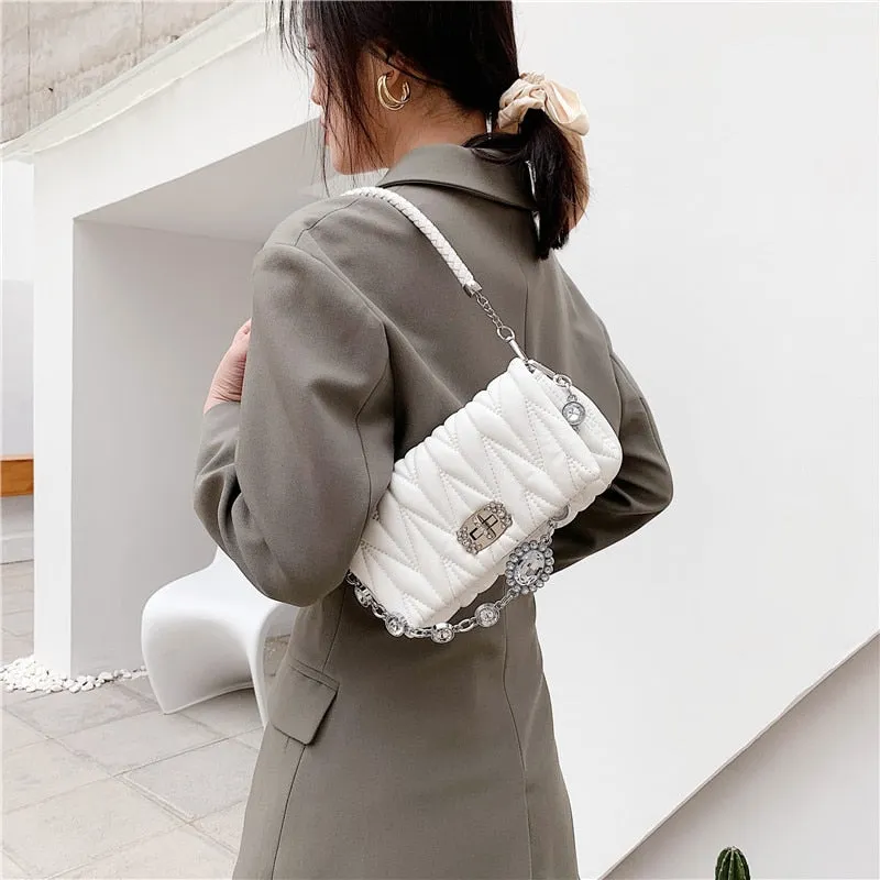Christmas Gift Diamond Chain Tote Bags for Women 2021 New Pure Color Shoulder Bags Flap Quilted Messenger Bag Ladies Simple Leather Handbags