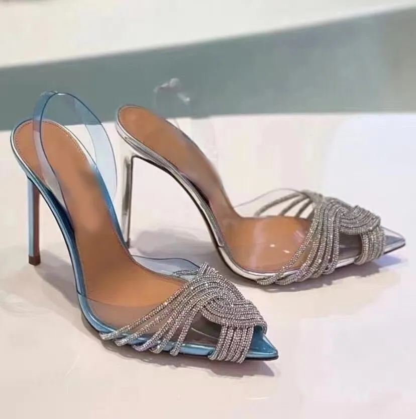 Clear PVC Slingback Women's Sandals Cross Crystal Pointed Toe Stiletto Heel Pumps Shoes