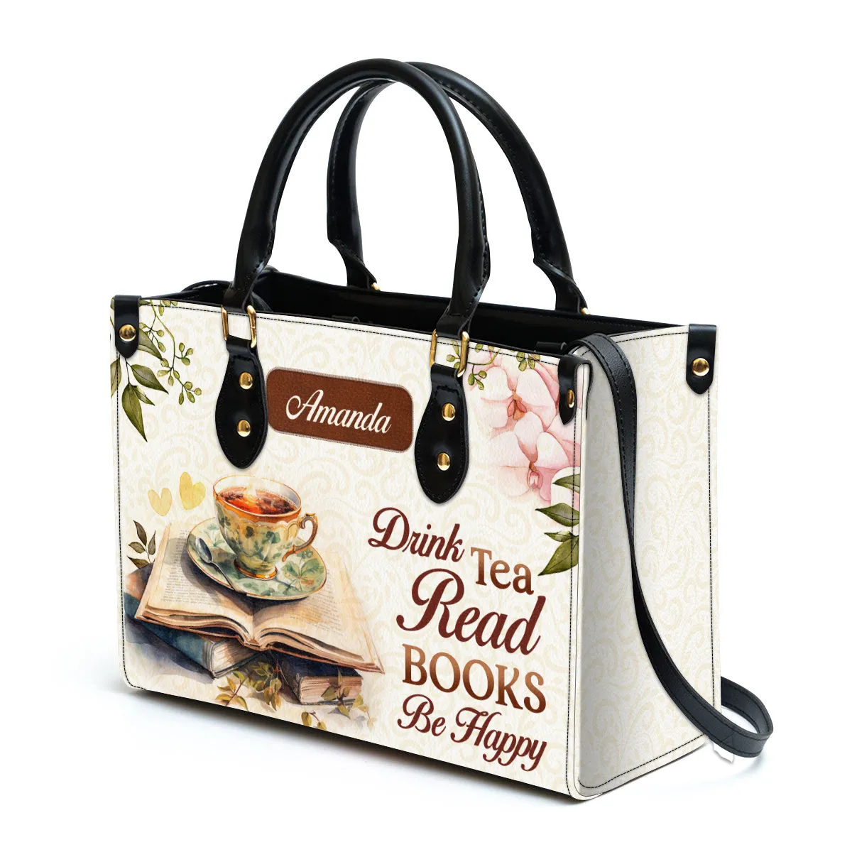 Drink Tea Read Books Be Happy Leather Handbag Book Lovers Gift LHB74