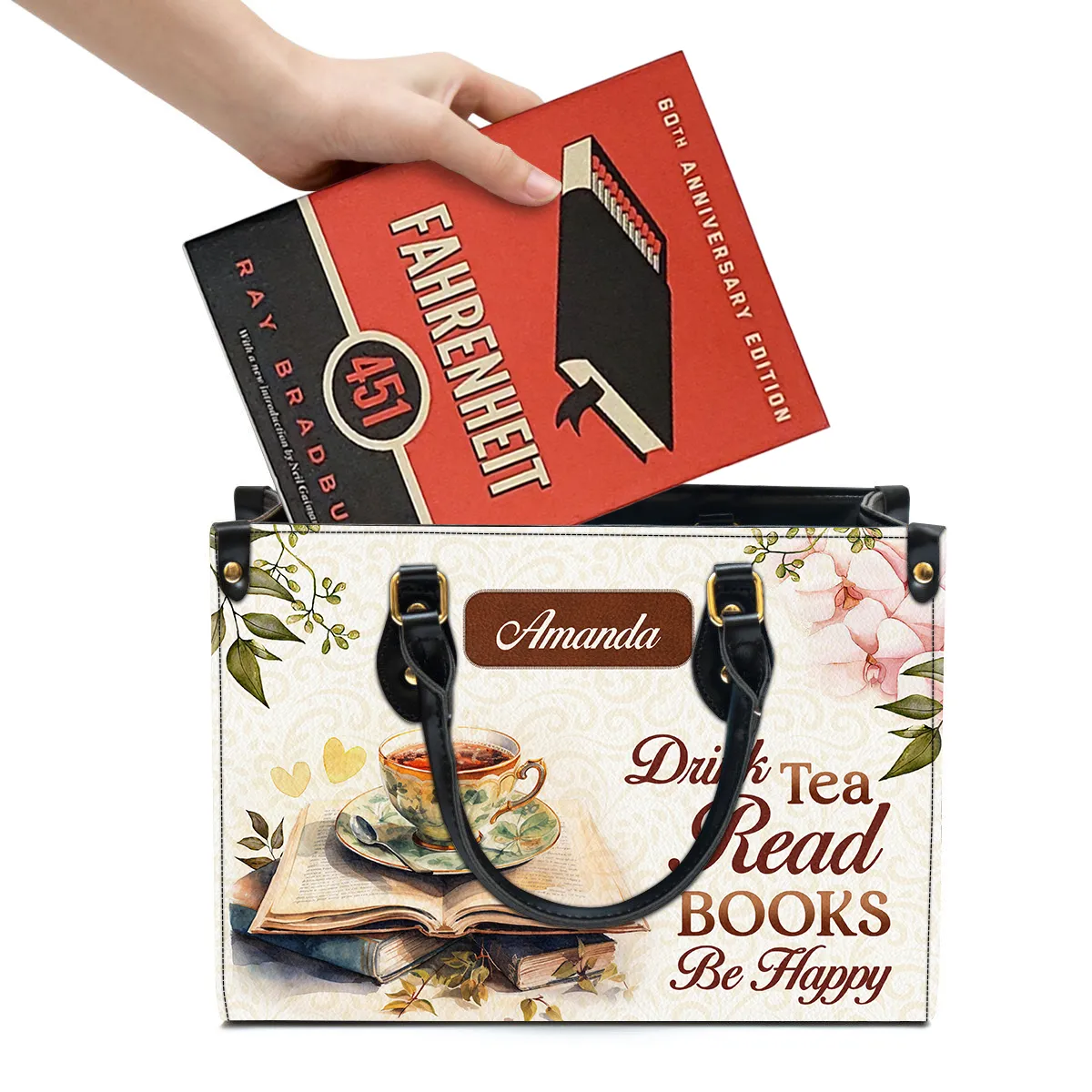 Drink Tea Read Books Be Happy Leather Handbag Book Lovers Gift LHB74