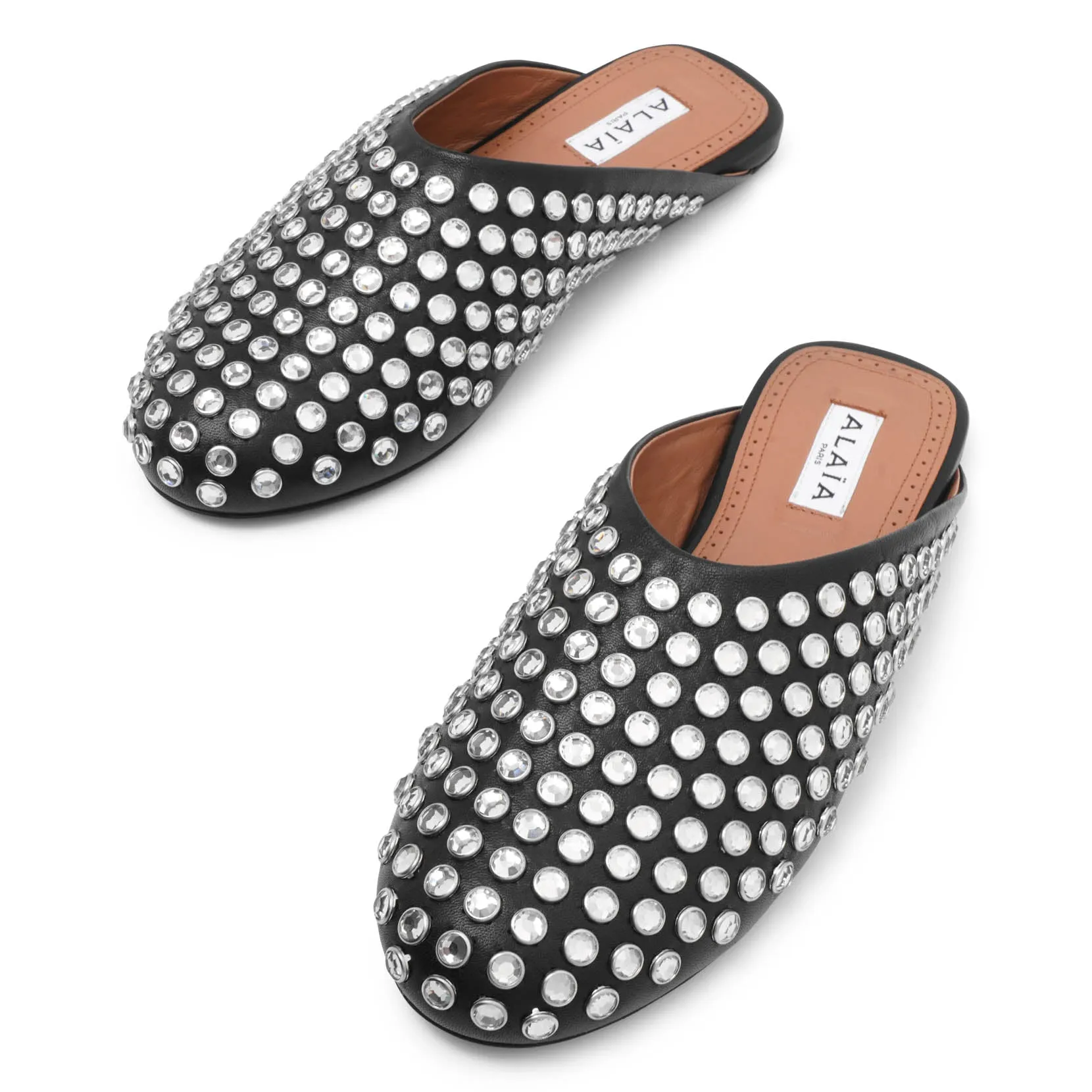 Embellished black leather mule flats