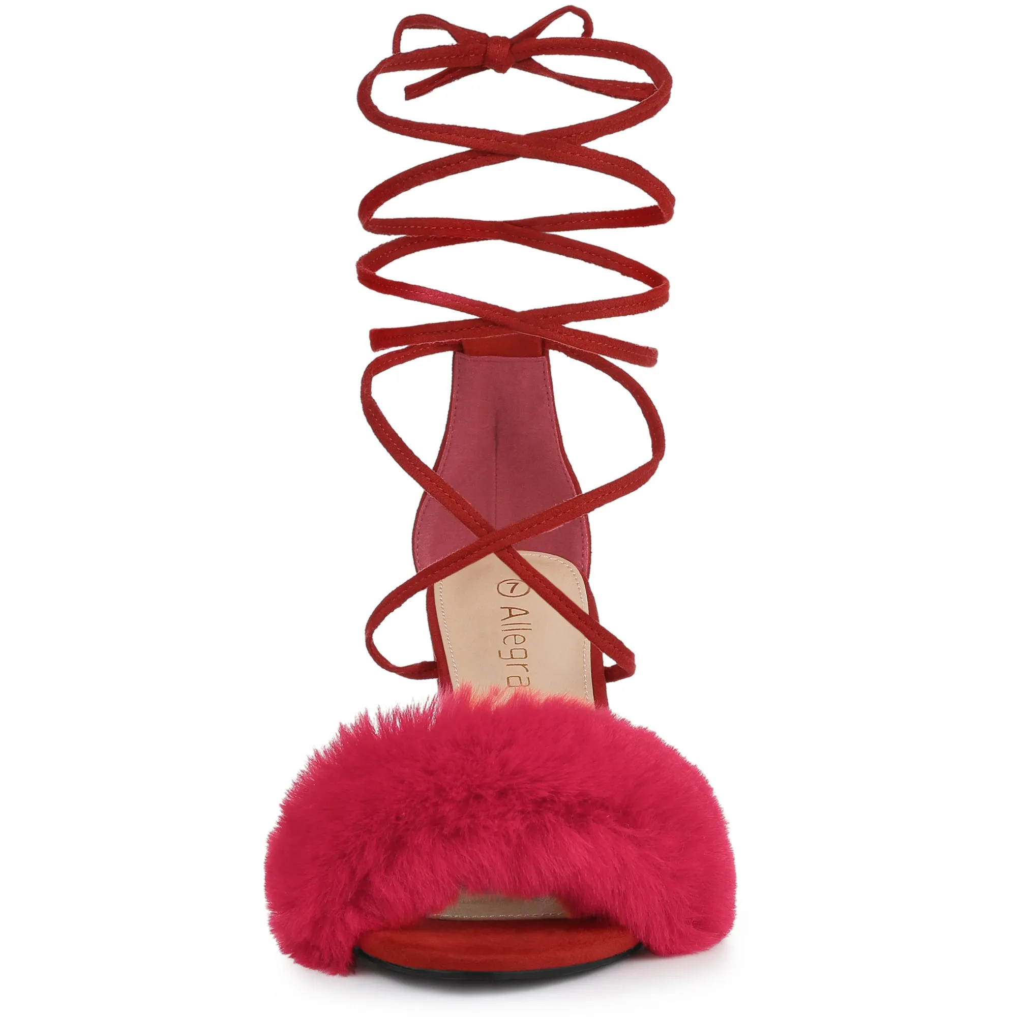 Faux Fur Open Toe Lace Up Strappy Chunky Heel Sandals
