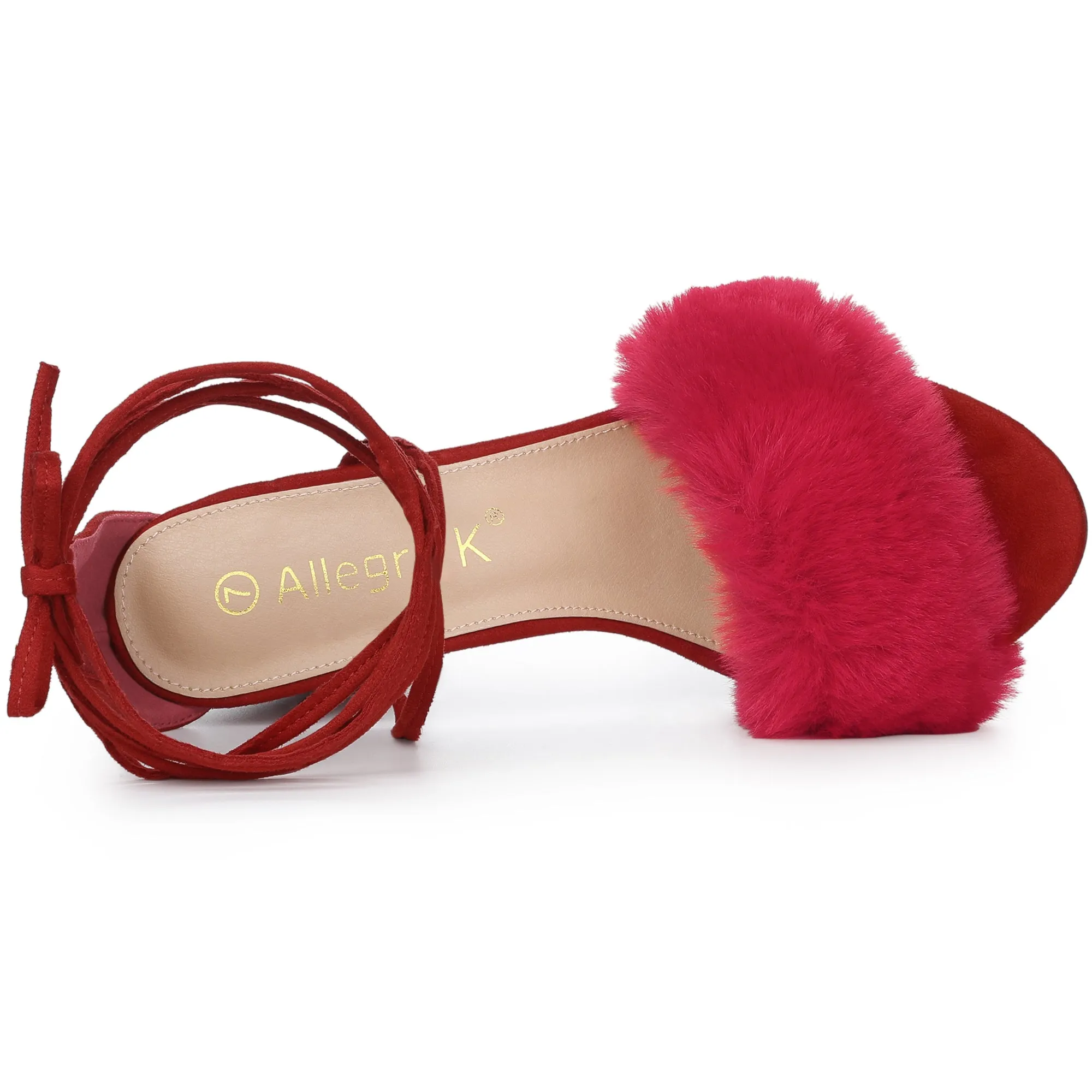 Faux Fur Open Toe Lace Up Strappy Chunky Heel Sandals