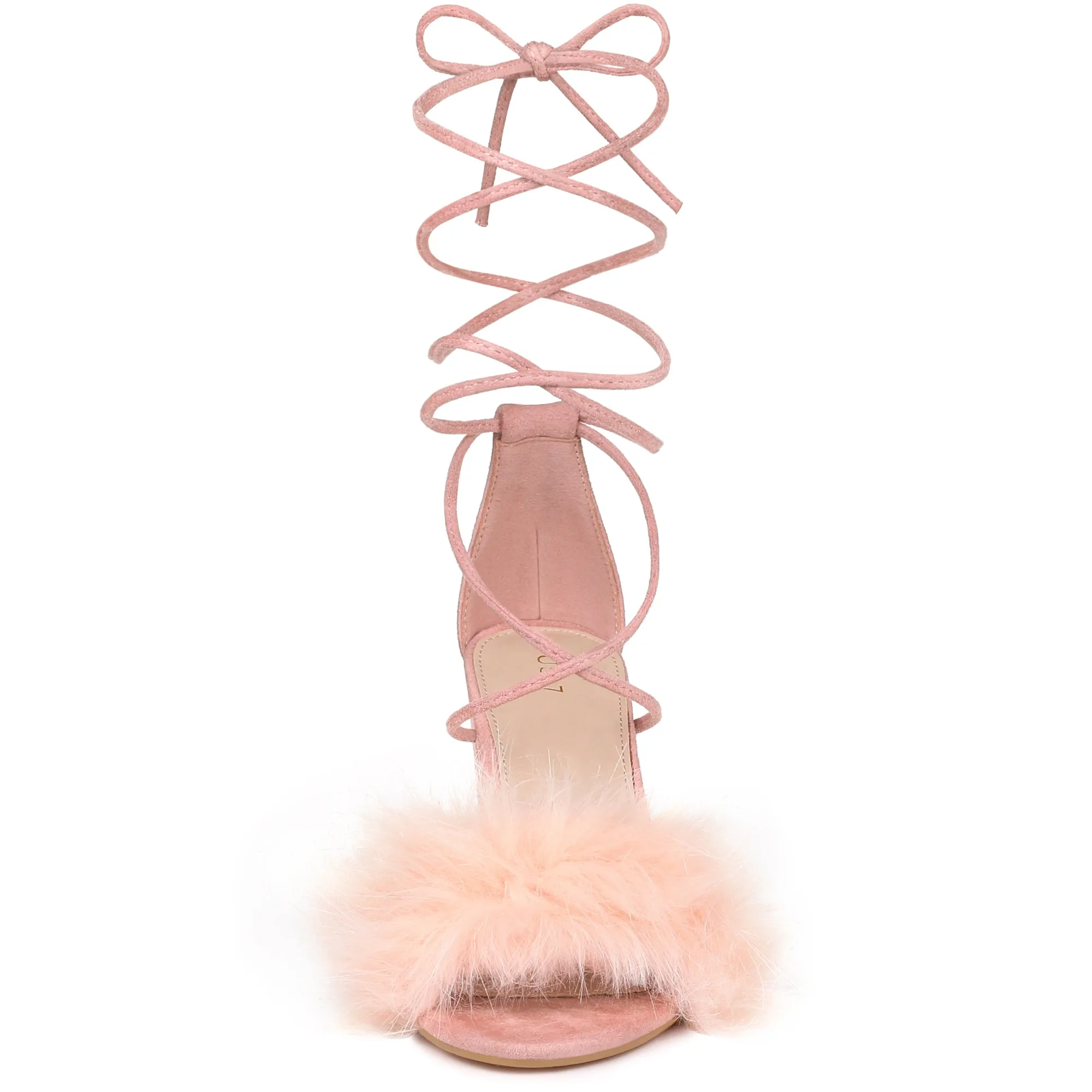 Faux Fur Open Toe Lace Up Strappy Chunky Heel Sandals