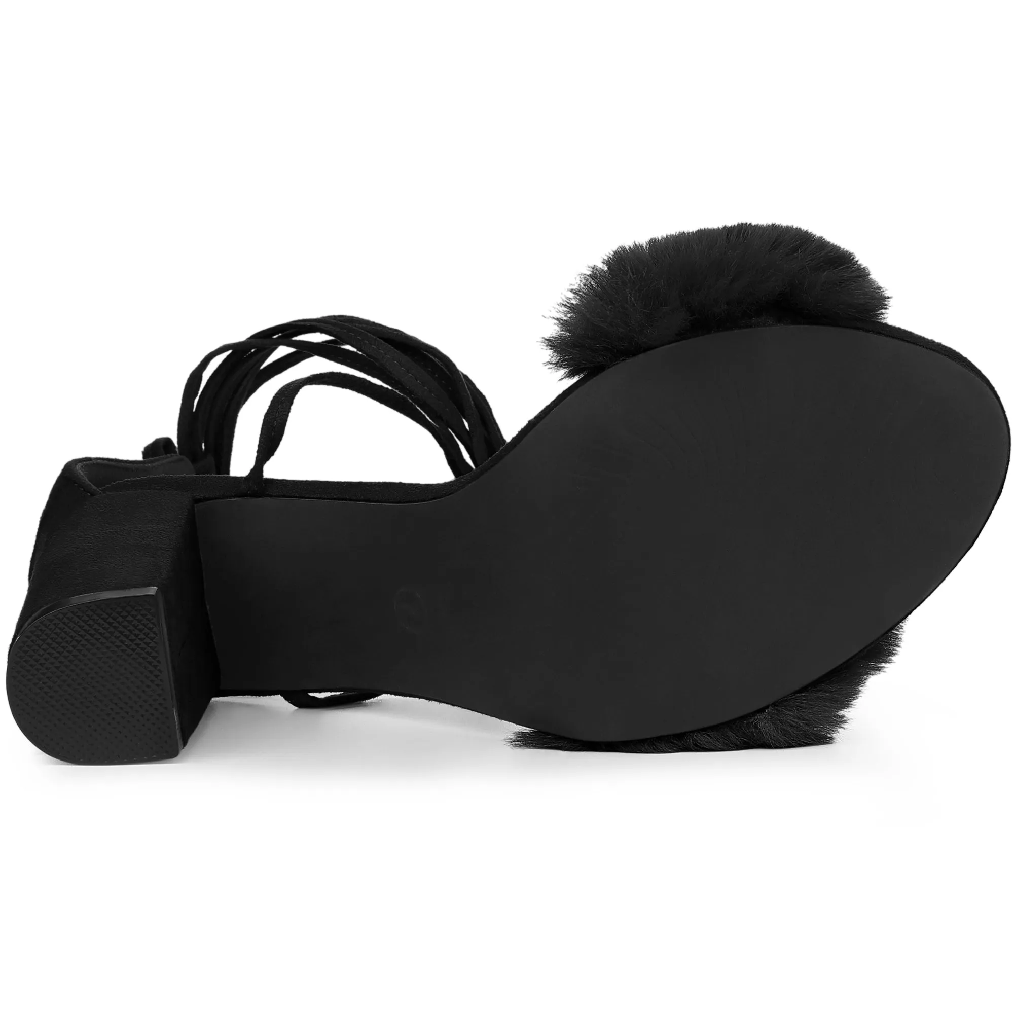 Faux Fur Open Toe Lace Up Strappy Chunky Heel Sandals