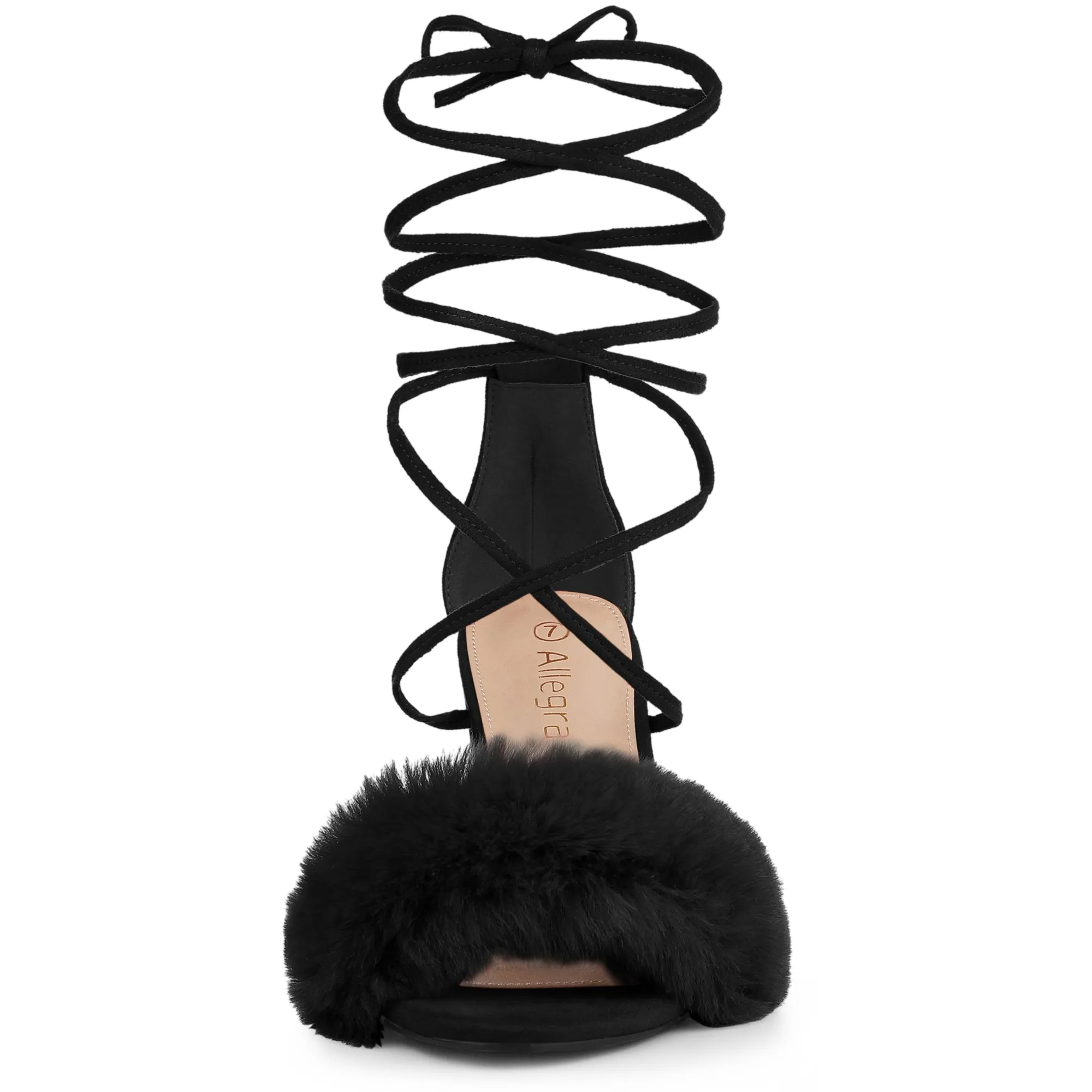 Faux Fur Open Toe Lace Up Strappy Chunky Heel Sandals