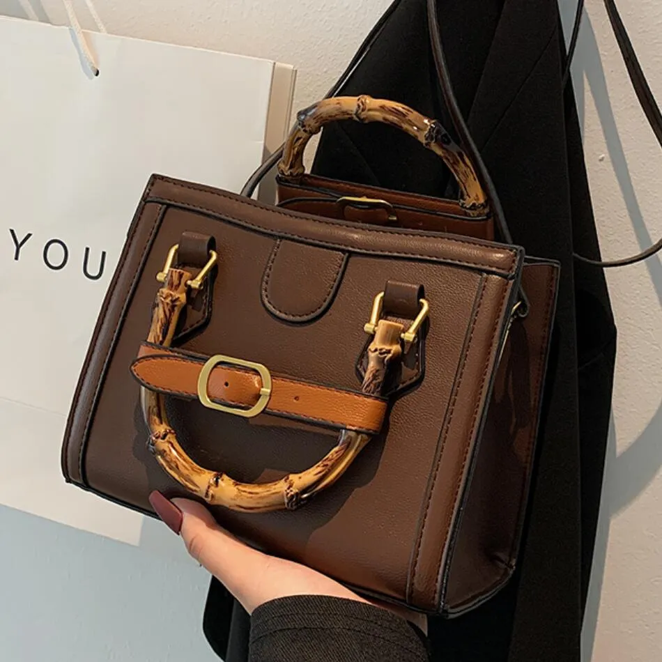 LEFTSIDE Vintage Square Totes With Bamboo Handle 2021 Winter New PU Leather Women's Designer Handbag Panelled Shoulder Bag