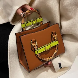 LEFTSIDE Vintage Square Totes With Bamboo Handle 2021 Winter New PU Leather Women's Designer Handbag Panelled Shoulder Bag