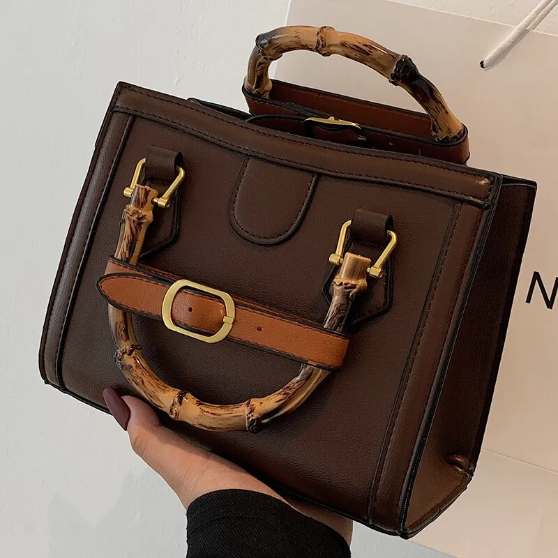 LEFTSIDE Vintage Square Totes With Bamboo Handle 2021 Winter New PU Leather Women's Designer Handbag Panelled Shoulder Bag
