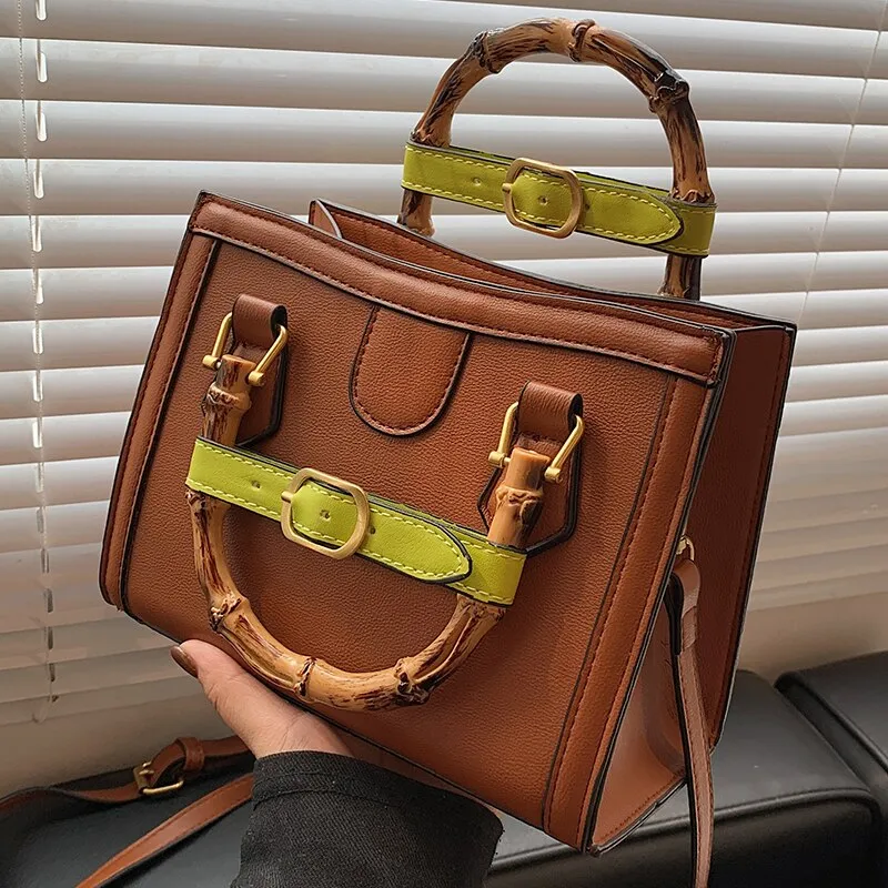 LEFTSIDE Vintage Square Totes With Bamboo Handle 2021 Winter New PU Leather Women's Designer Handbag Panelled Shoulder Bag