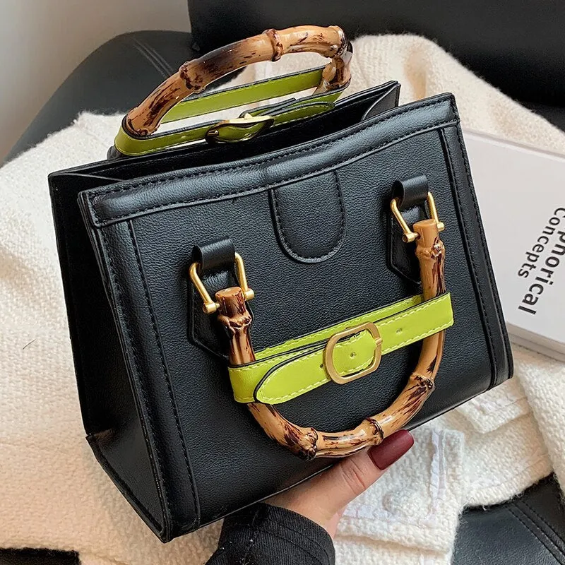 LEFTSIDE Vintage Square Totes With Bamboo Handle 2021 Winter New PU Leather Women's Designer Handbag Panelled Shoulder Bag
