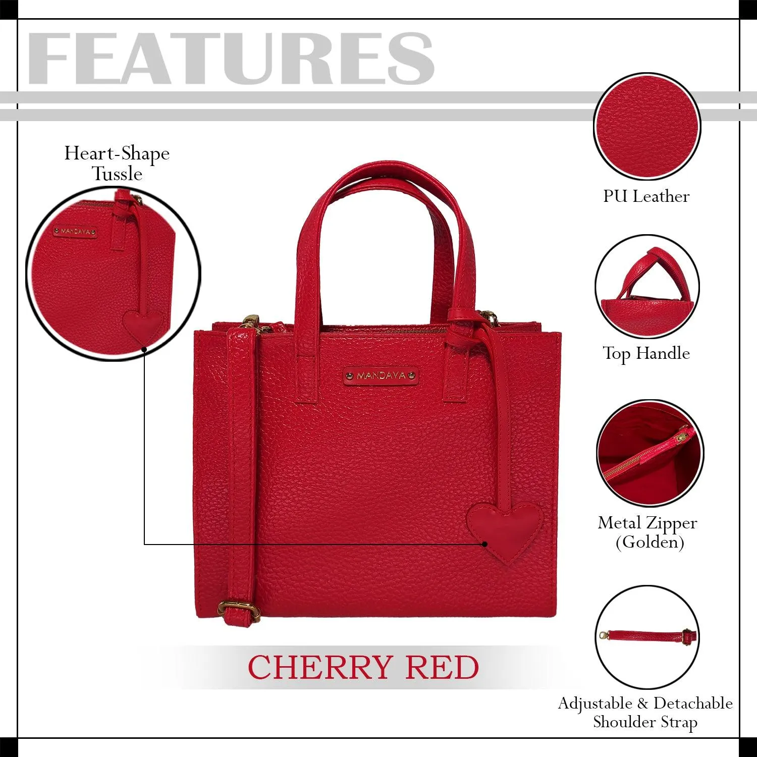 MANDAVA Women's/Ladies Top Handle PU Leather Handbag, Shoulder Bag with Tussle (Cherry Red)