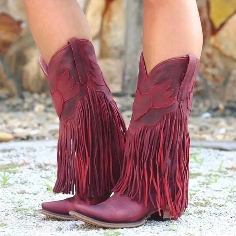 Mid calf fringed cowboy boots vintage pointed toe block heel boots retro western boots for women