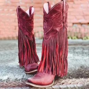 Mid calf fringed cowboy boots vintage pointed toe block heel boots retro western boots for women
