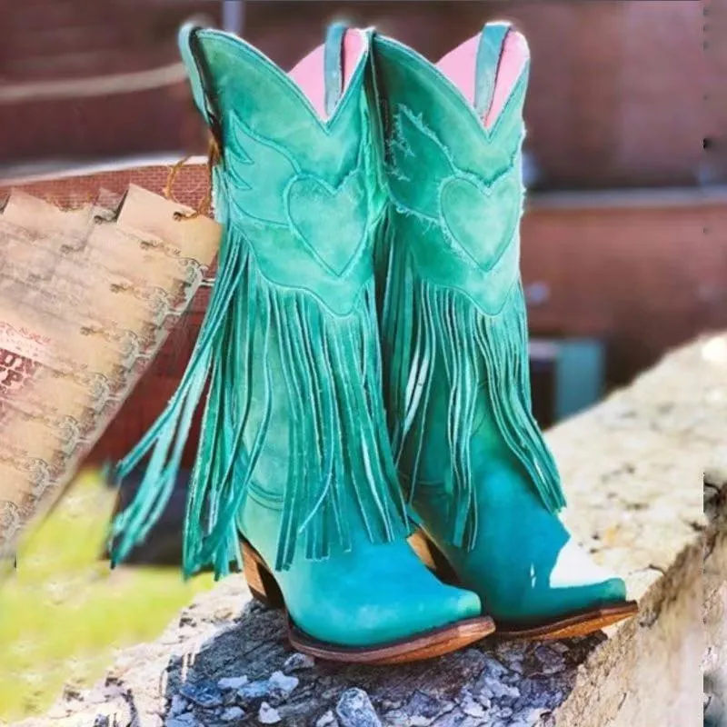 Mid calf fringed cowboy boots vintage pointed toe block heel boots retro western boots for women