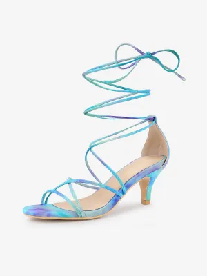 Open Toe Strappy Tie Dye Lace Up Kitten Heel Sandals