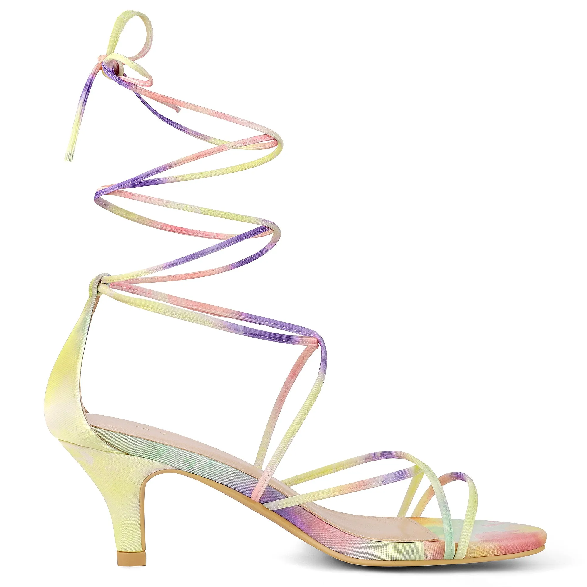 Open Toe Strappy Tie Dye Lace Up Kitten Heel Sandals