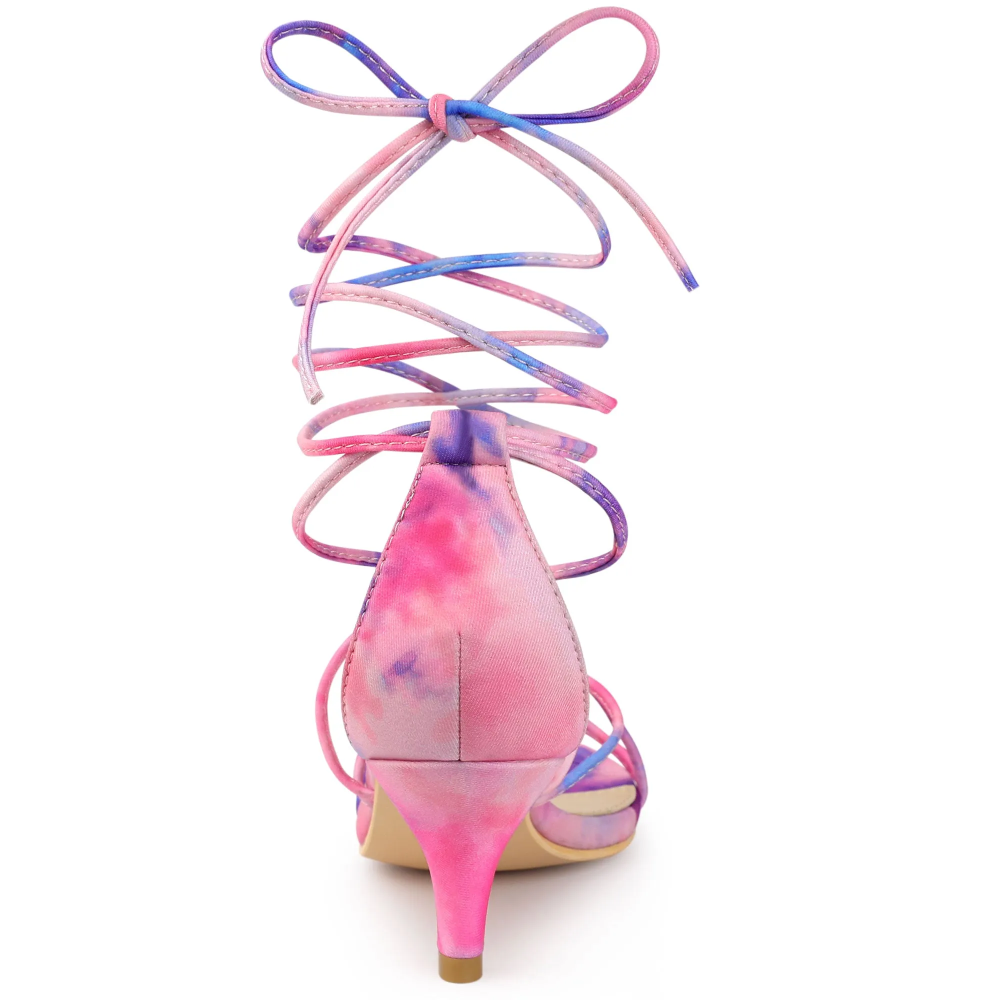 Open Toe Strappy Tie Dye Lace Up Kitten Heel Sandals