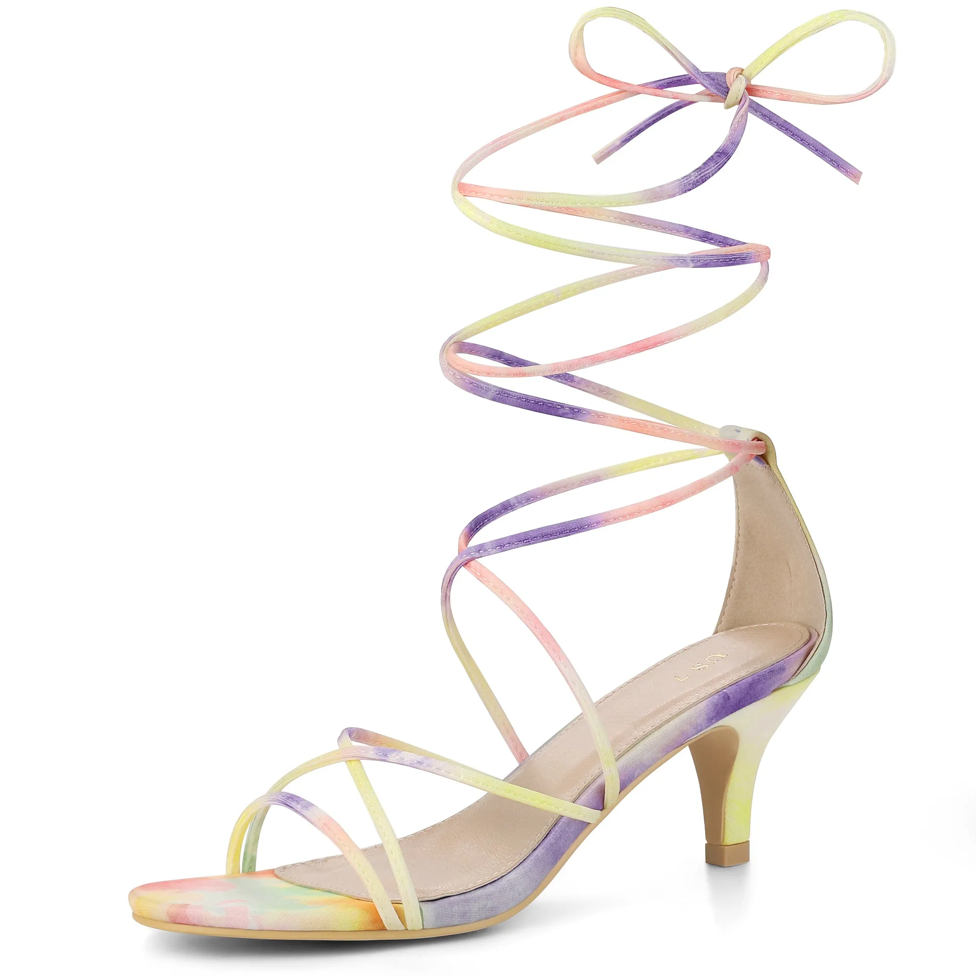 Open Toe Strappy Tie Dye Lace Up Kitten Heel Sandals