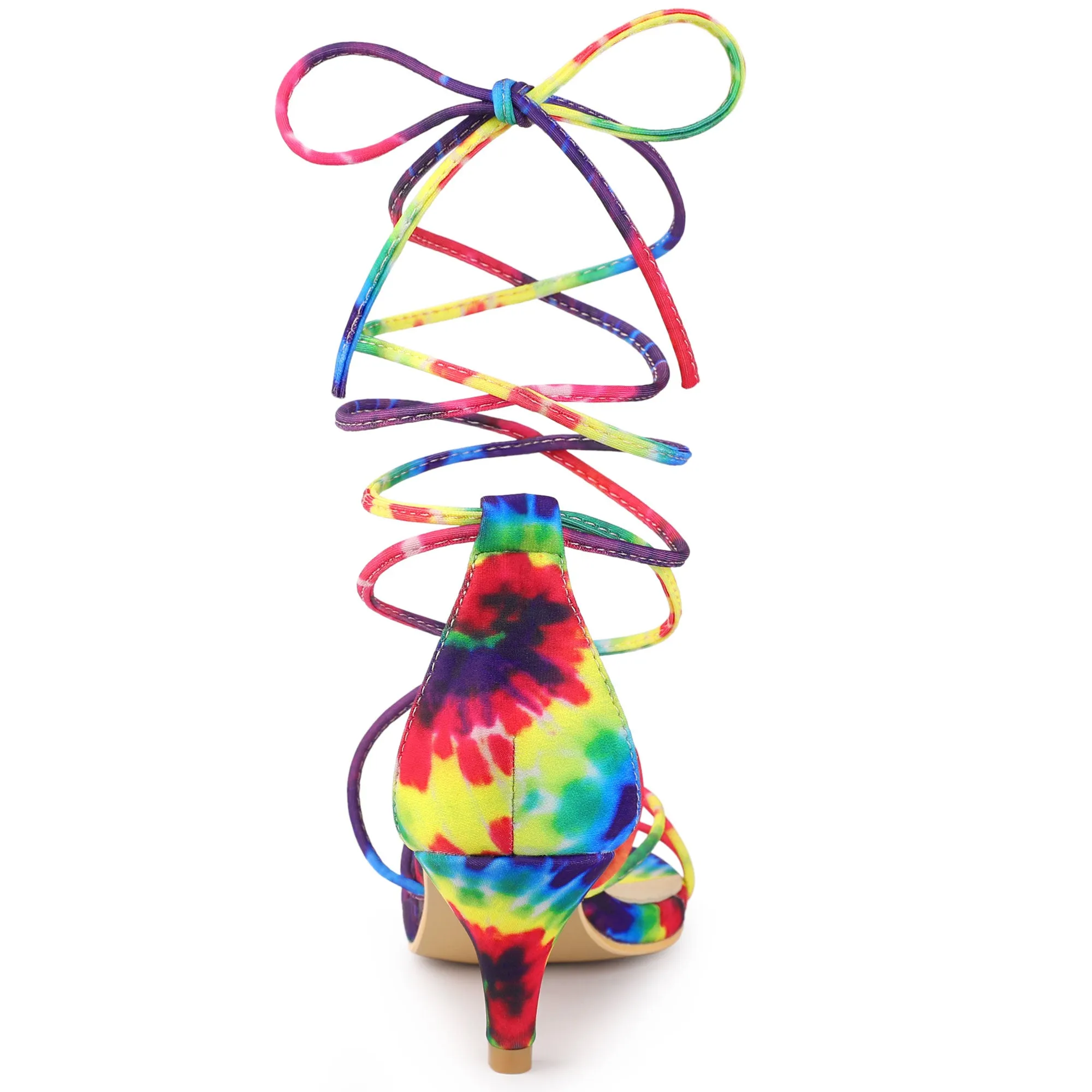 Open Toe Strappy Tie Dye Lace Up Kitten Heel Sandals