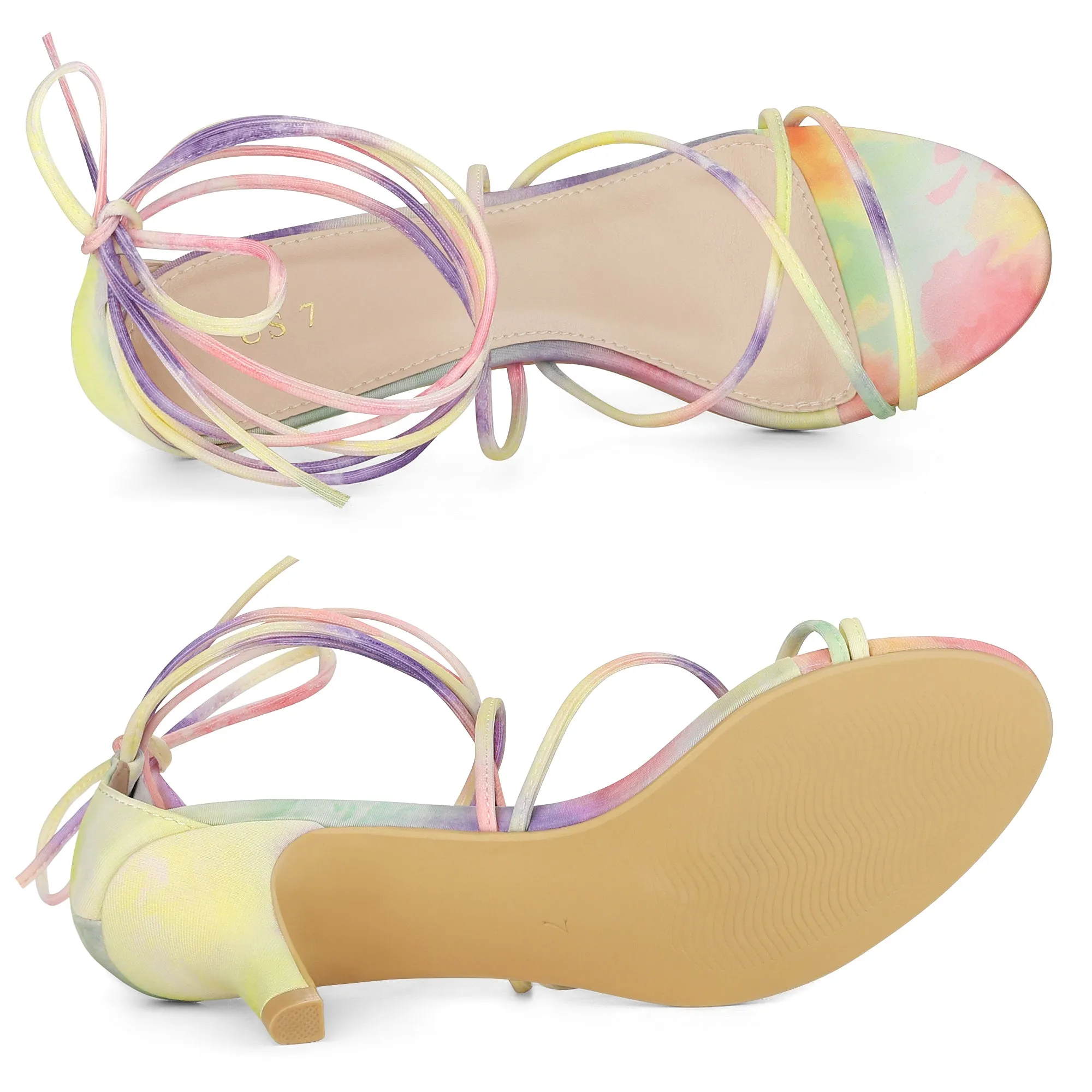 Open Toe Strappy Tie Dye Lace Up Kitten Heel Sandals