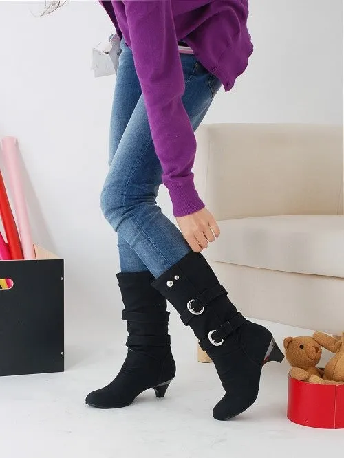 Plush lined wide calf mid heels boots with buckles