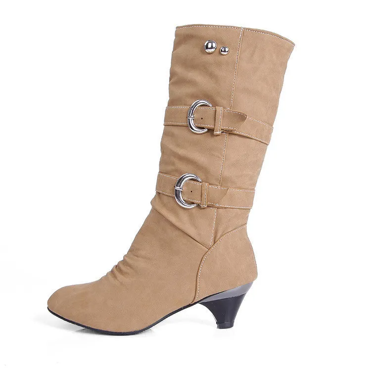 Plush lined wide calf mid heels boots with buckles