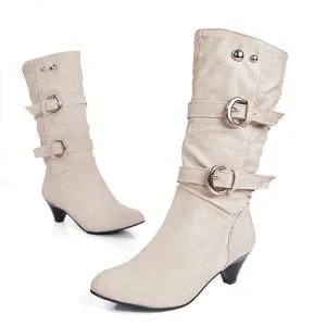 Plush lined wide calf mid heels boots with buckles