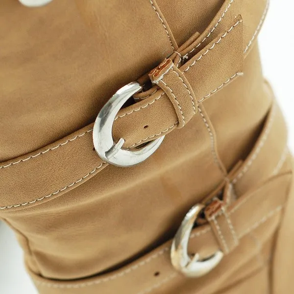 Plush lined wide calf mid heels boots with buckles