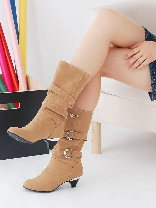 Plush lined wide calf mid heels boots with buckles