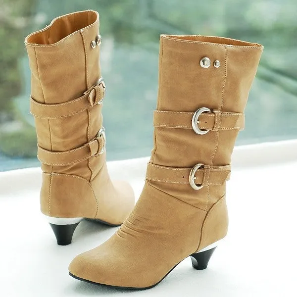 Plush lined wide calf mid heels boots with buckles